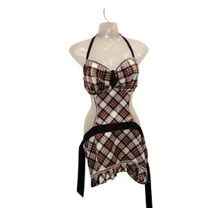 Cacique Halter Neck Plaid Sexy Hot One Piece Maid Lingerie Intimates Red 18/20
